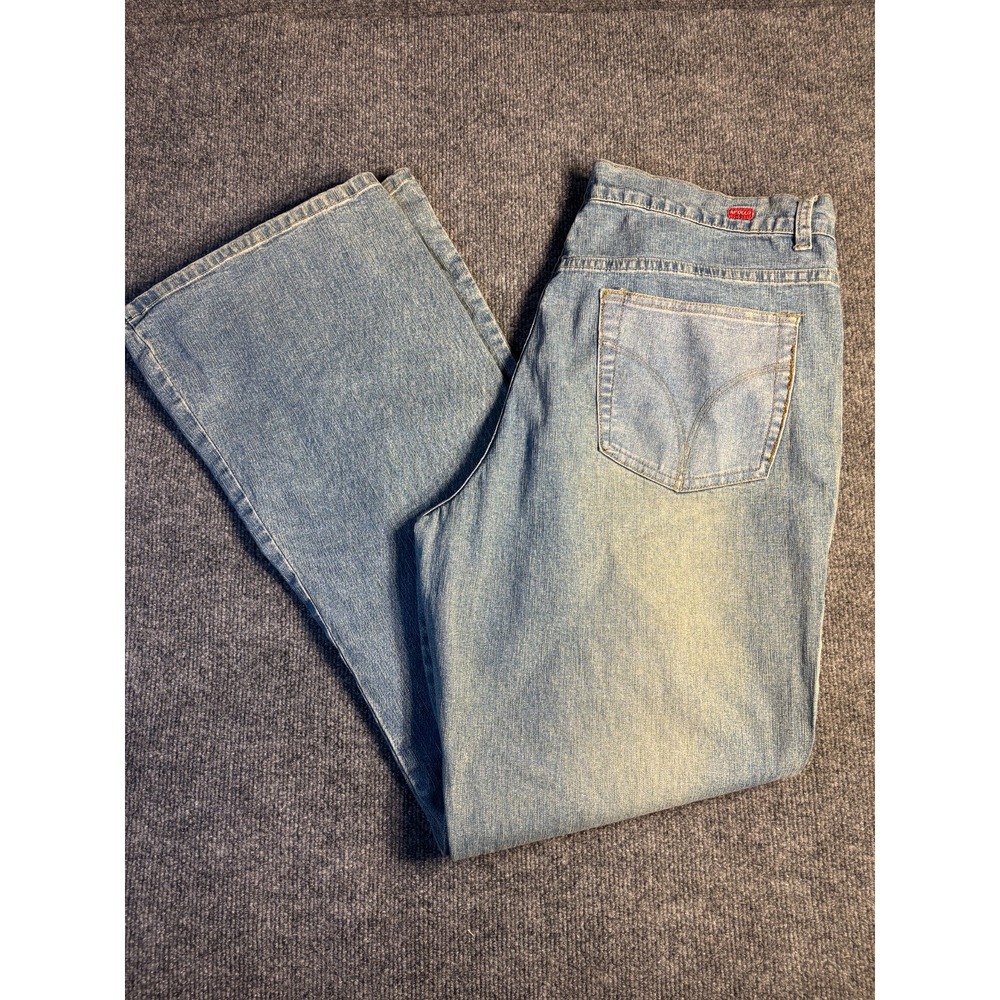 Apollo Boot Cut Jeans Women 17/18 Blue Denim Lace Wide Faded Whiskered High Rise